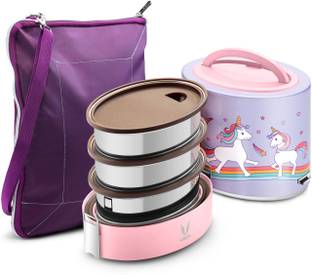 Vaya Tyffyn Lyte 1000 ml Unicorn Polished Stainless Steel Tiffin Box with BagMat (One 400 ml + Two 300 ml Containers) - 3 Containers Lunch Box