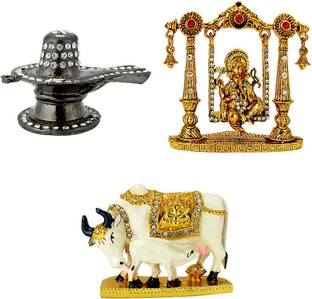 Le Lord Shiva Black Jyotirling-Shivling Electroplated Idol, Lord Ganesha On Swing Electroplated Idol & Kamdhenu Cow with Calf Electroplated Idol Statue for Home Decor , Office and Car Dashboard Decorative Showpiece  -  8.5 cm
