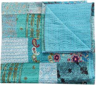 Third Eye Export Hand Made Cotton Indian Kantha Quilted Kantha Quilt Bed Spread Blanket Throw Indian Queen Size White Base Size 90” X 108” Blue 