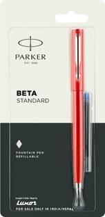 PARKER Beta Standard Chrome Trim Flame Red Body Color +1 Ink Cartridge Free Fountain Pen