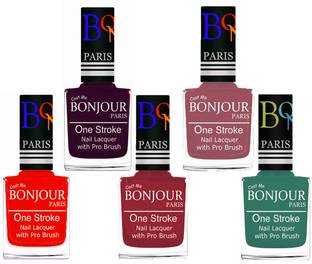 BONJOUR PARIS Stylish Nail Polish Set of 5 Pcs 01-02-03-05-42 Orange,Plum,Maroon,Nude,Sky Blue