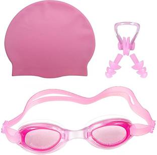 THE MORNING PLAY HIGH Quality Goggles Silicone Cap 1 Nose Clip + 2 Ear Plugs PINK Swimming Kit