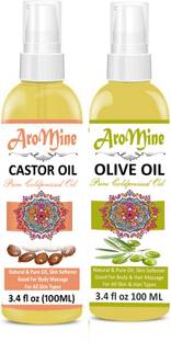 AroMine 100% Pure Extra Light Olive Oil and Cold Pressed Castor Oil - For Hair Growth & Glowing Skin Organic-Combo of 2 No.100 ml Bottles(200 ml) Hair Oil (200 ml) Hair Oil