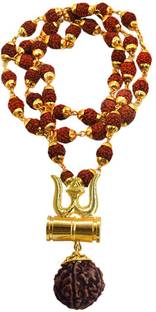 Shiv Jagdamba Religious Jewelry Loard Shiv Trishul Damru Locket With Puchmukhi Rudraksha Mala Gold-plated Brass, Wood