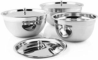Shri & Sam Stainless Steel Serving Bowl Stainless Steel Tezon Serving Bowl with Lid, Silver -Set of 3