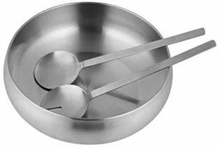 Shri & Sam Stainless Steel Salad Bowl High Grade Stainless Steel 3 Pcs Salad Bowl for Salad Serving,2 PCS Serving Spoon and 1 PC Salad Bowl 22 cm