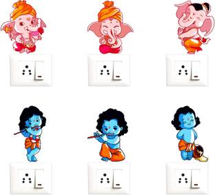 Decopix Lord Ganesha - Lord Krishna - Baby - Playing- Musical - Instruments - Decorative Wall Sticker Combo Pack For Switch Panel Board, Laptop, Fridge.- DP4047 Pack of 6