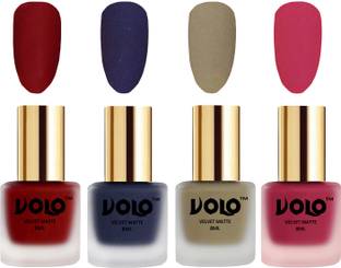 Volo Velvet Dull Matte Posh Shades Party Girl Range Nail Polish Sets Combo-No-166 Tomato Red, Sand Nude, Russian Navy Blue, Passion Pink