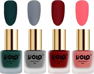 Volo Velvet Dull Matte Posh Shades Party Girl Range Nail Polish Sets Combo-No-121 Tomato Red, Dark Green, Grey, Dark Peach