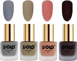 Volo Velvet Dull Matte Posh Shades Party Girl Range Nail Polish Sets Combo-No-119 Dark Wine, Sand Nude, Light Peach, Grey