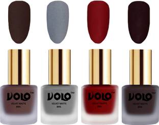Volo Velvet Dull Matte Posh Shades Party Girl Range Nail Polish Sets Combo-No-153 Tomato Red, Dark Wine, Chocolate Brown, Grey
