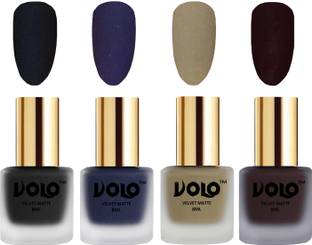 Volo Velvet Dull Matte Posh Shades Party Girl Range Nail Polish Sets Combo-No-260 Dark Wine, Sand Nude, Russian Navy Blue, Black