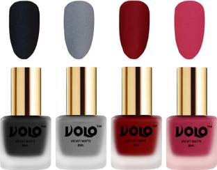 Volo Velvet Dull Matte Posh Shades Party Girl Range Nail Polish Sets Combo-No-246 Tomato Red, Black, Grey, Passion Pink
