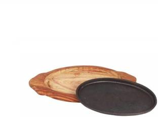 Tinax 13x7x1.25 Heavy Duty Oval Shape Sizzler Plate with Cast Iron/Wooden Base Sizzler Tray
