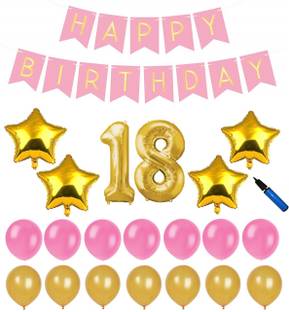 Bash N Splash Solid Pink & Gold 18th Happy Birthday Party Decoration Pack with pump (Pack of 57) Balloon