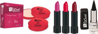 ForSure Compact Powder Xclusive 12 Hour Stay, Kajal and Pack of 3 Forfor Matte Lipstick (Colour - Dark Pink, Mahroon, Pink)