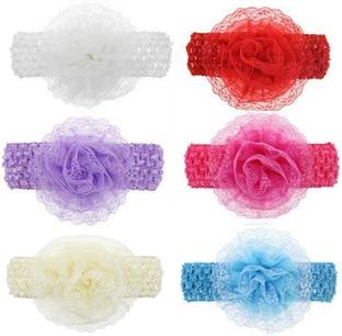 FOK 6 Pc Crochet Cutwork Flower Elastic Hair Bands For Babies Kids Girls (Random Color) Head Band