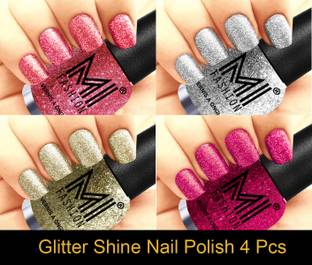 MI FASHION Platinum Collection 12 ml each Set of 4 Glitter High Shine Long Lasting Nail Polish Colors at Your Fingertips Combo No-21 Pink, Silver, Silver Gold, Magenta