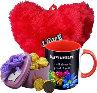 Midiron Birthday Gift For Your Love One's That Comes With 15 Pieces Luxury Dark Chocolate in Tin Box, Printed Ceramic Mug and Soft Red Heart IZ19Choco15Tinbox4PurMUrHR-DTBirthday-89 Ceramic, Silk Gift Box