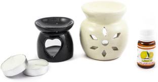 Lyallpur Stores Handcrafted Aroma Ceramic Tealight Diffuser Pot Shape Design With Lemon Fragrance oil And Candle Clay Lamp Diffuser Set Handcrafted Aroma Ceramic Tealight Diffuser Pot Shape Design With Lemon Fragrance oil And Candle Clay Lamp