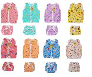 Fareto New Born Baby Front Open 8 Cut Sleeves Cotton Jhabla With 8 Matching Single Layer Nappies(Size. L-12Inchs, B-10Inchs)(0-6 Months)