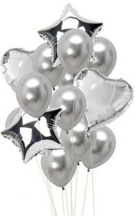 BashNSplash Solid Silver with star foil Balloon set birthday Anniversary Party balloon (PACK OF 14) Balloon