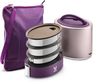 Vaya Tyffyn Lyte 1000 ml Purple Polished Stainless Steel Tiffin Box with BagMat (One 400 ml + Two 300 ml Containers) - 3 Containers Stainless Steel Office Lunch Box