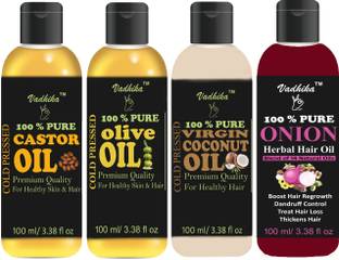 Vadhika Premium Castor oil,Olive oil,Coconut oil & Onion oil Combo of 4 bottles of 100 ml(400ml) Hair Oil (400 ml) Hair Oil