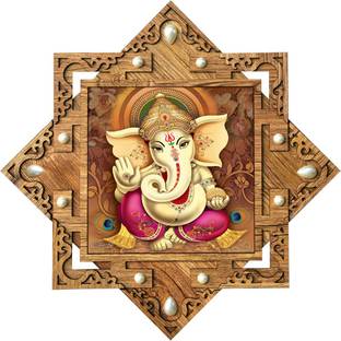 Poster N Frames Hand-Crafted Decorative Style Wooden Frame with (photo) Poster of Lord Ganesha Digital Reprint 16.5 inch x 16.5 inch Painting