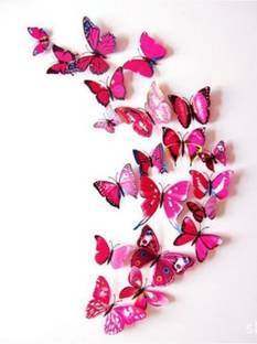 Yutiriti PVC Decorative Beautiful DIY 3D Butterfly Removable Wall Sticker (8 cm x 12 cm x 1 cm, Pink, Set of 12) Pack of 12