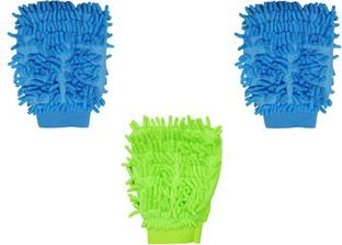 Peegli Blue Green Combo of 3 Microfibre Gloves Household LCD Glass Car Cleaning Double Sided Super Soft Mitt Multipurpose Elastic Cuff Gloves Wet and Dry Glove Set
