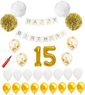Bash N Splash Solid White & Gold 15th Birthday Party Decoration Pack (Pack of 61) Balloon