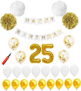 Bash N Splash Solid White & Gold 25th Birthday Party Decoration Pack (Pack of 61) Balloon