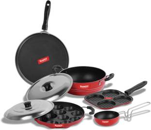 Sumeet Solo Non Stick Cookware Set of 2.6mm Thick (Dosa Tawa – 26.5cm Dia + Multi snack maker – 26.5cm Dia + Grill Appam Patra With Lid – 23cm Dia + Kadhai With Lid – 1.5Ltr capacity- 20cm Dia + Tadka Non-Stick Coated Cookware Set