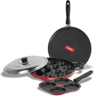 Sumeet Get Red Non Stick Combo Set of 2.6mm Thick (Dosa Tawa – 26.5cm Dia + Multi snack maker – 26.5cm Dia + Grill Appam Patra With Lid – 23cm Dia) Non-Stick Coated Cookware Set