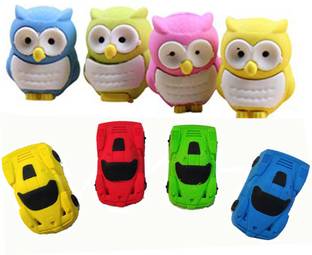 TECHNOCHITRA Unique Car and Owl Shaped Erasers for Kids Non-Toxic Eraser