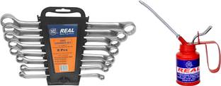 REALstf 18102001019 Multi Hand Tool Kit 9 Pc. - 8 pcs set of Ring Spanners with Hanging Tray, Oil Can (Wesco Type) with Rigid Spout 1/4 Pint Double Sided Box End Wrench