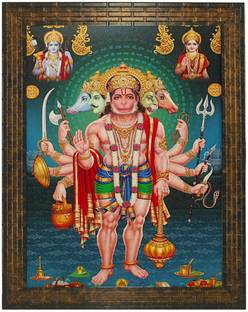 Indianara PANCHMUKHI HANUMAN "ANJANEYA" (1908) WITHOUT GLASS Digital Reprint 13 inch x 10.2 inch Painting
