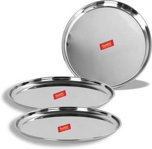 Sumeet Stainless Steel Heavy Gauge Dinner Plates with Mirror Finish 22cm Dia - Set of 3pc Sectioned Plate