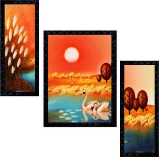 Janki Online Set of 3 Scenery Modern Art Glass Framed Wall Painting For Home Office and Temple and Home Décor Digital Reprint 14 inch x 11 inch Painting