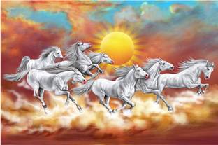 Masstone Vastu Seven Running Horses Sparkle Coated Self Adhesive Wallpaper Without Frame Digital Reprint 24 inch x 36 inch Painting