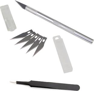 WOWSOME Pen Knife with 5 Interchangeable Sharp Blades & Crafts Knives With Premium Grade Blades Suitable for Cutting And Black Coated Stainless Steel Tweezer Paper Crafting Tool