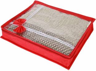 KANUSHI Set of 12 Pc Flower Design Transparent Saree Cover/Bag with Stainless Steel Zip Lock Combo (Red) (Large)