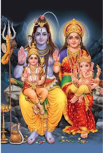 Poster N frame Bhole Nath parivar (Maa Parvati, Ganesh, Kartikey and Shiv Shankar) UV Textured Decorative Art Print Premium Quality Wall Poster un framed (Rolled) Paper Print