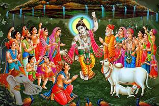 Poster N frame Lord Krishna lifted the mountain of Govardhan UV Textured Decorative Art Print Premium Quality Wall Poster un framed (Rolled) Paper Print