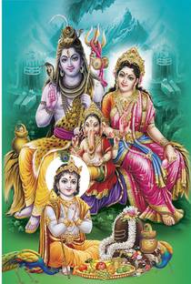 Poster N frame Bhole Nath parivar (Maa Parvati, Ganesh, Kartikey and Shiv Shankar) UV Textured Decorative Art Print Premium Quality Wall Poster un framed (Rolled) Paper Print