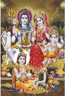 Poster N frame Bhole Nath parivar (Maa Parvati, Ganesh, Kartikey and Shiv Shankar) UV Textured Decorative Art Print Premium Quality Wall Poster un framed (Rolled) Paper Print