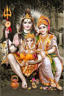 Poster N frame Bhole Nath parivar (Maa Parvati, Ganesh, Kartikey and Shiv Shankar) UV Textured Decorative Art Print Premium Quality Wall Poster un framed (Rolled) Paper Print