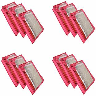 KANUSHI Set of 12 Pc Flower Design Transparent Saree Cover/Bag with Stainless Steel Zip Lock Combo ( Pink ) (Large)