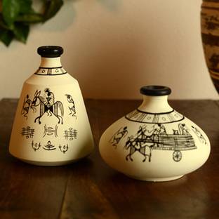 ExclusiveLane Warli Hand-Painted Mini Pots (Set of 2) Table Decor Decorative Showpiece  -  11.2 cm